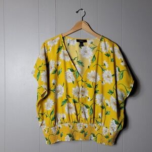 FOREVER 21 + YELLOW DAISY PATTERN PEASANT V NECKLINE TOP SMOCKED WAIST WOMENS 2X